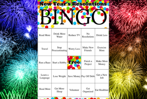 Bingo board with fireworks in the background. 