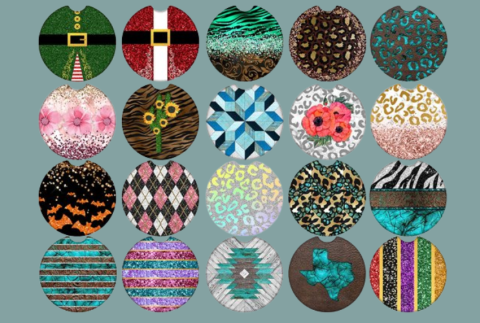 Bunch of decorative car coaster designs. 