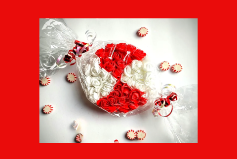 Giant peppermint craft made out of flowers. 