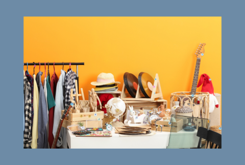 Table full of Knick knacks.