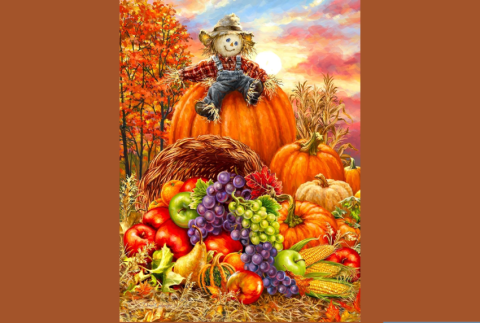 Scarecrow, pumpkins, and a cornucopia. 