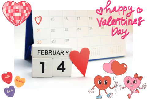 Calendar of February with hearts. 