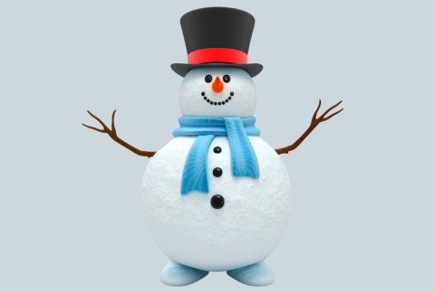 Snowman with a top hat and blue scarf. 