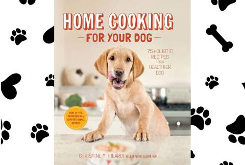 Paw and bone prints in background with image of book written by the author. 