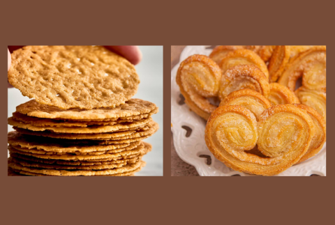 Stack of lace cookies and a plate of elephant ear cookies. 