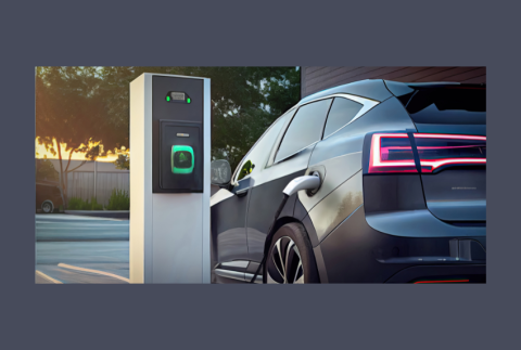 Electric vehicle plugged into charging station. 