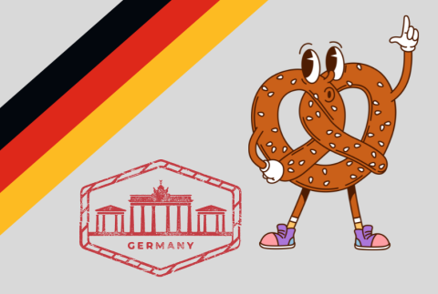 German flag, pretzel character and the word Germany with buildings.  