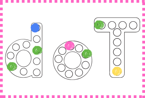 The image spells out the word “dot” using large, bubble-style outlined letters. Each letter contains multiple empty circles meant for placing or coloring dots—similar to a “do-a-dot” activity sheet for kids.