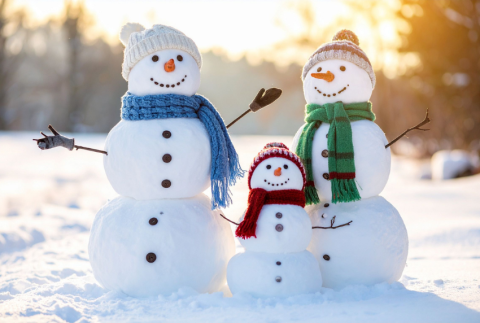 ChatGPT said:  Three cheerful snowmen stand in the snow, each wearing colorful hats and scarves, smiling in the bright winter sunlight.