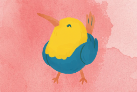 a yellow and blue bird with an orange beak on a pink background