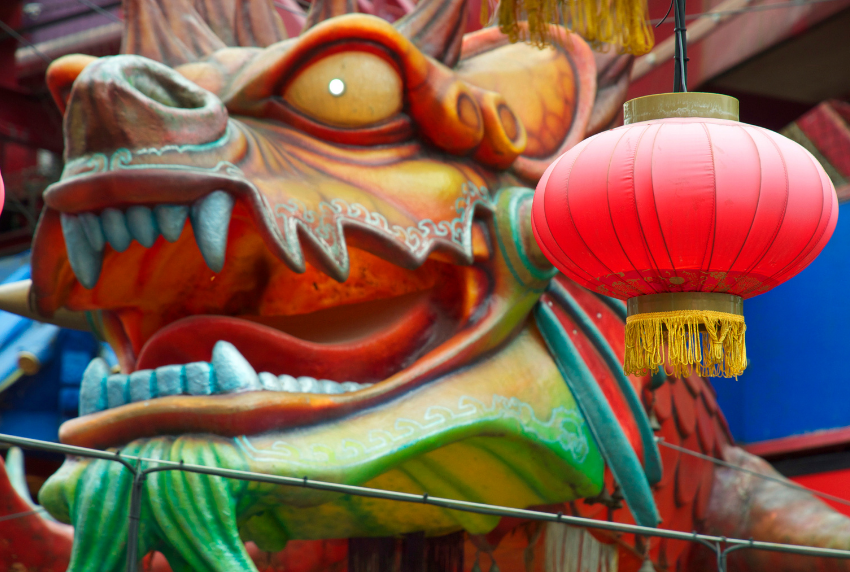 Chinese dragon and red lantern.