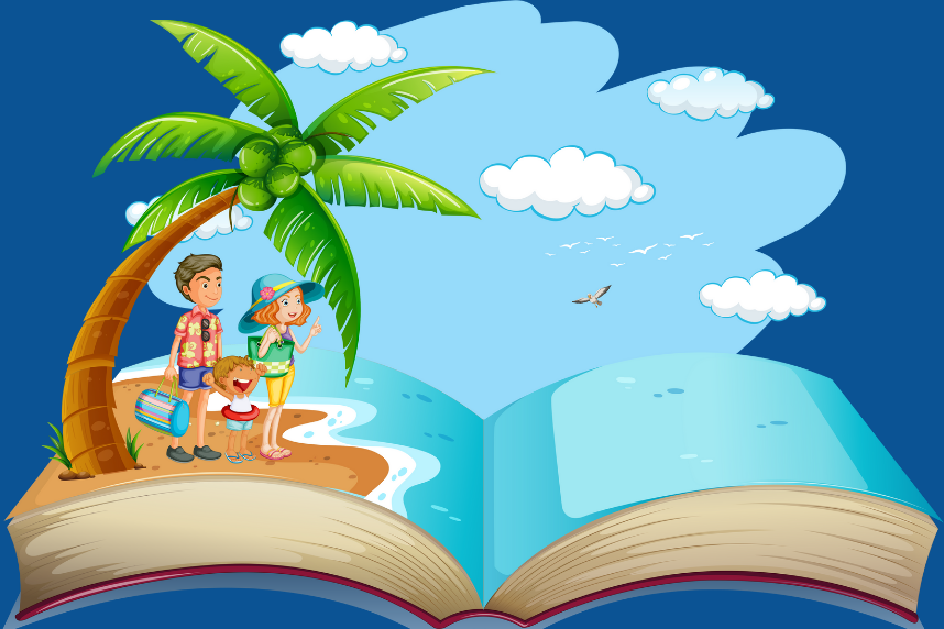 A book that has a pop-up illustration of a family on a beach