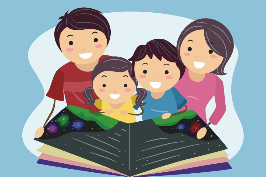 A family reading a book together.