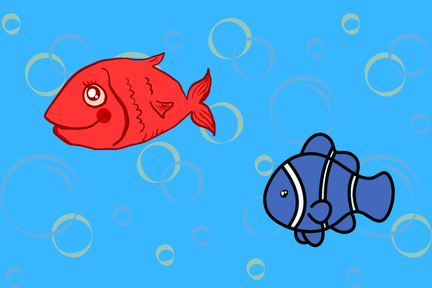 A red fish and a blue fish swimming in the water.