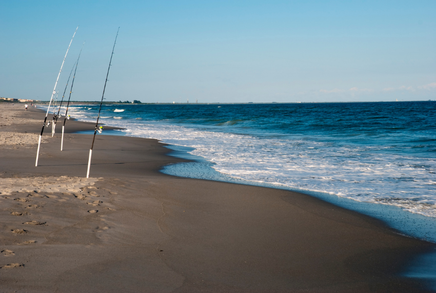 Beach scene with fishing poles.