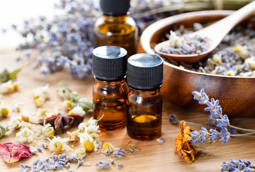 Herbs, bottles, dish and a spoon.