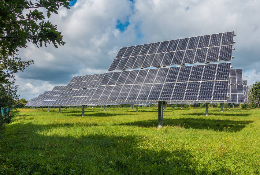 Solar panels on grass.