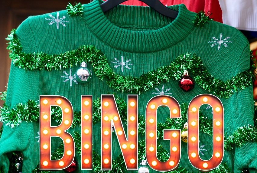 Ugly sweater with BINGO in front of it.