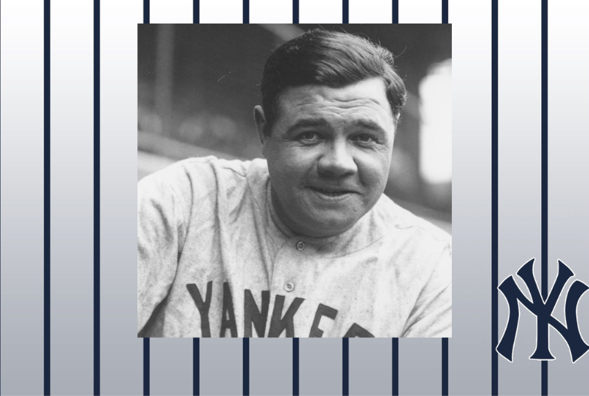 Babe Ruth with Yankees pinstripes and logo.