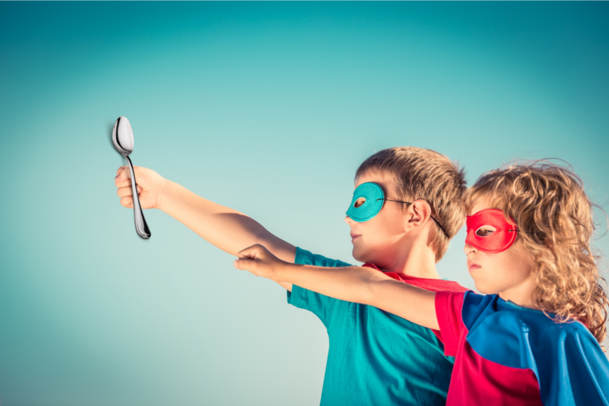 superhero kids holding spoons