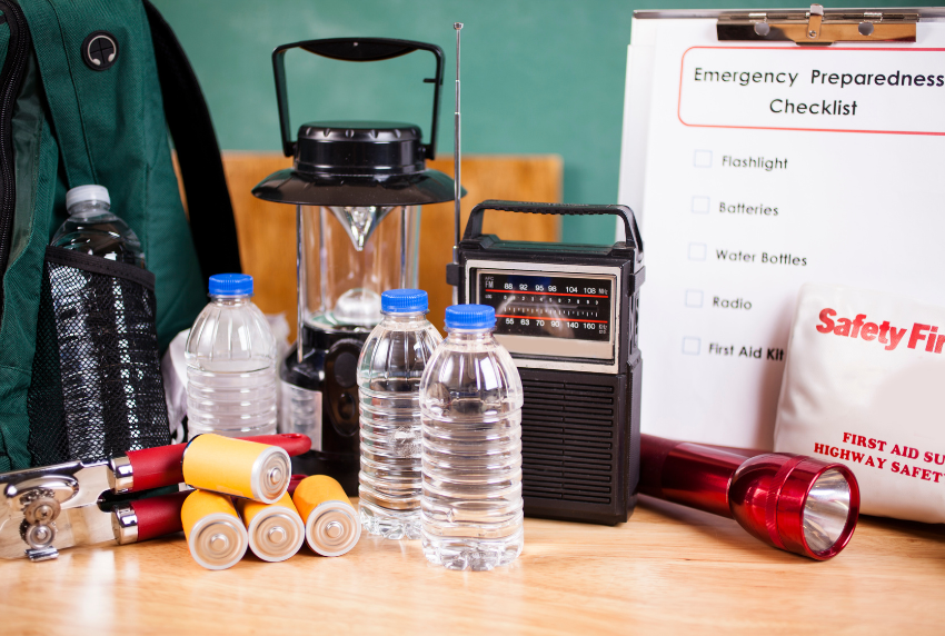 Front view of emergency preparedness items. 