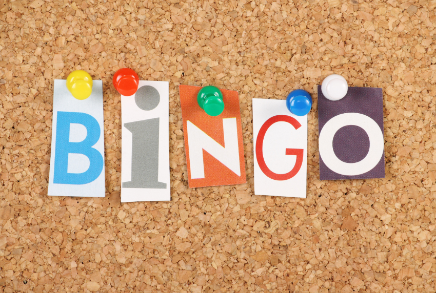 Word bingo on a cork board. 