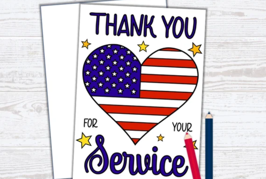 Card that says thank you for your service with an American flag heart. 