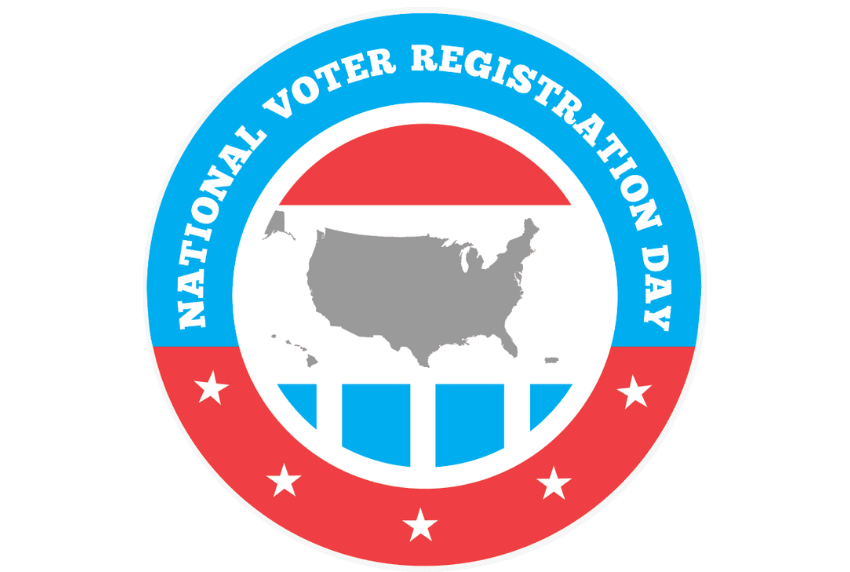 Picture of the US with the words national voter registration day around it in a semi-circle