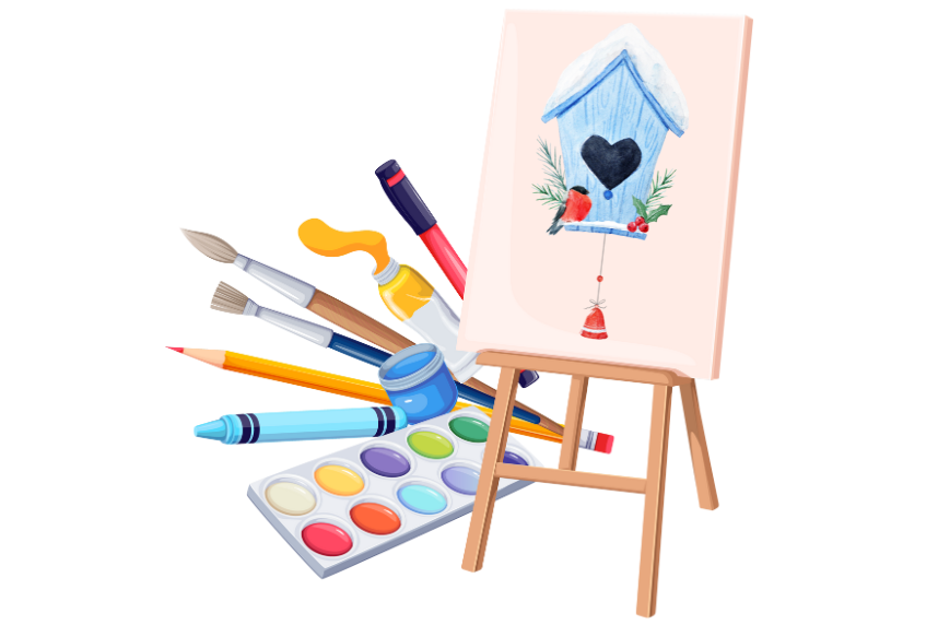 A birdhouse drawn on a canvas on an easel with art supplies in the background