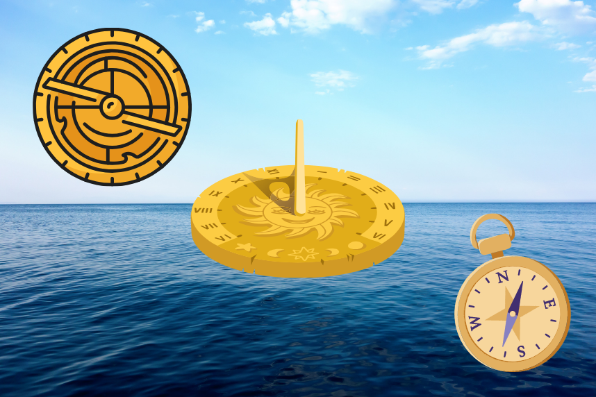 The ocean with an astrolabe, a sundial, and a compass