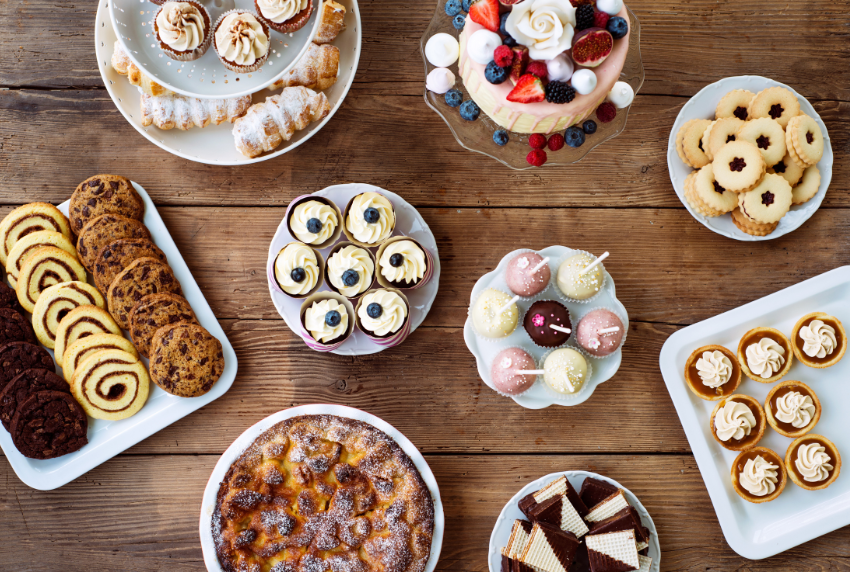 Top view of different desserts. 