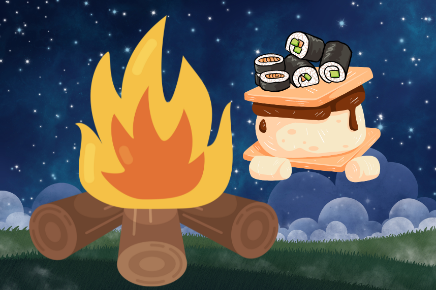 Campfire with smores and sushi