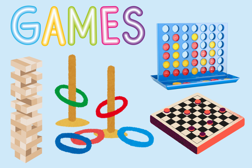 Giant games, Jenga, ring toss, checkers, Connect 4