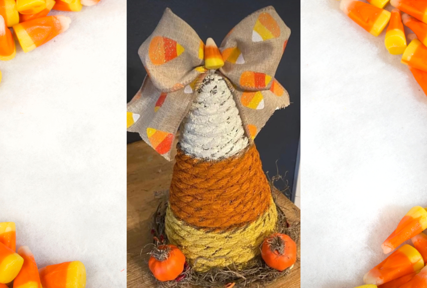 Candy corn and a cone wrapped in jute in candy corn colors. 