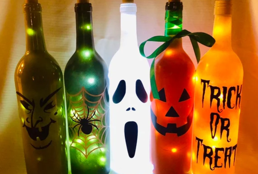 Halloween decorated wine bottles. 