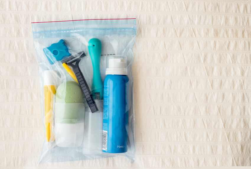 Top view of toiletry bags. 