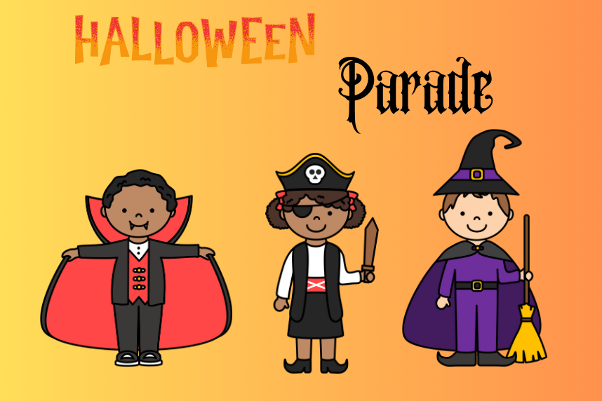 Halloween parade text with kids dressed as a vampire, pirate, and witch