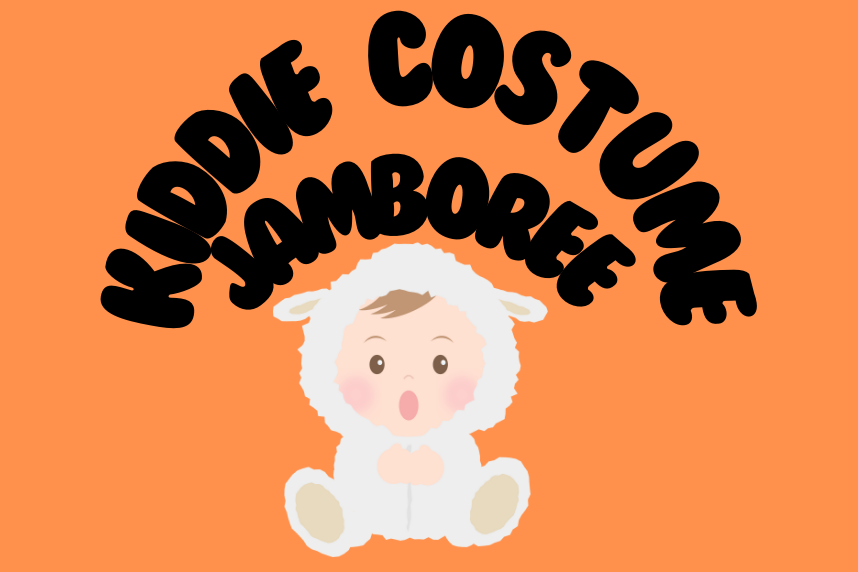 Baby dressed as a lamb with text saying Kiddie Costume Jamboree