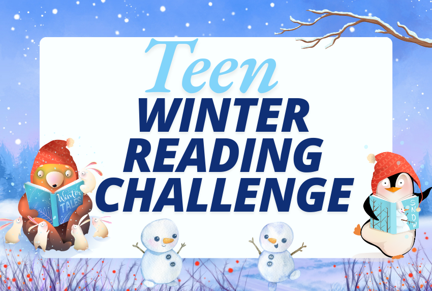 Words Teen Winter Reading Challenge in winter theme border. 