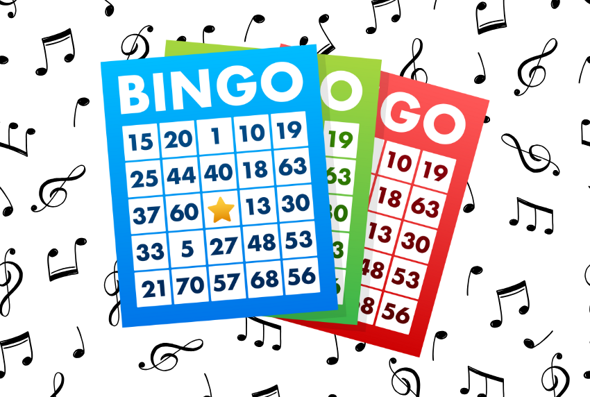 Bingo cards with music notes in the back ground. 