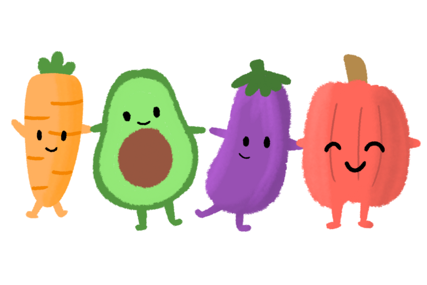 A carrot, an avocado, an eggplant, and a pepper