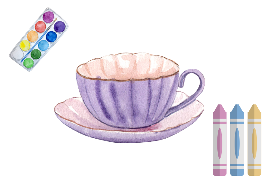 A cup of tea with watercolor and crayons