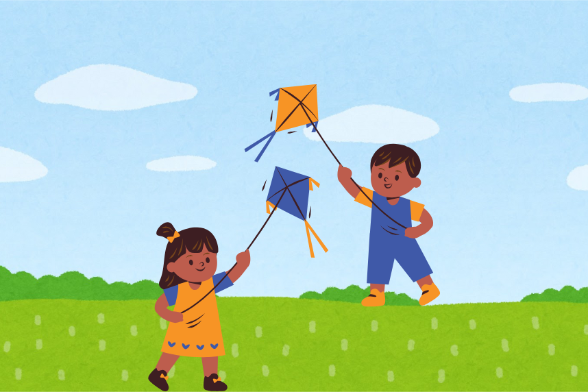 2 children flying kites