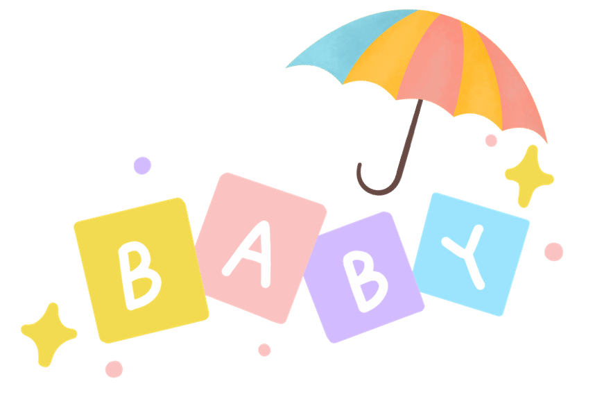 Baby in block letters with an umbrella