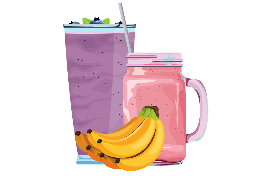 2 smoothies and bananas