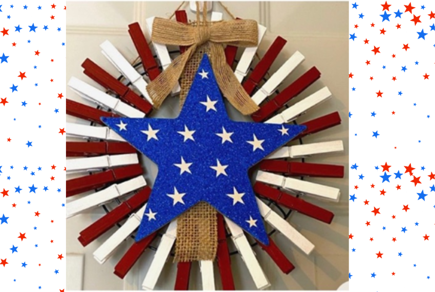 Patriotic wreath made out of clothespins. 