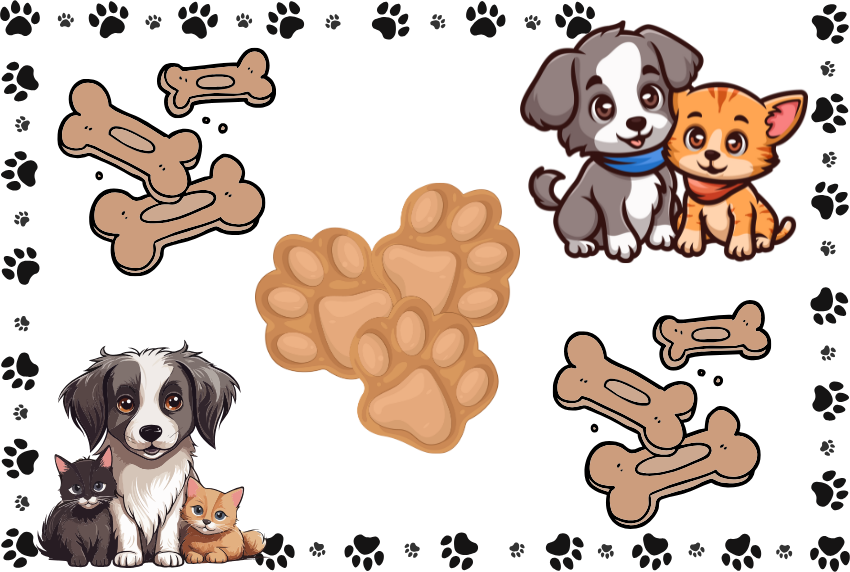 Cartoon picture of cats, dogs, paw prints and treats. 
