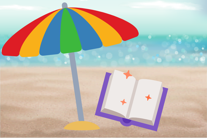 Book on a beach with an umbrella