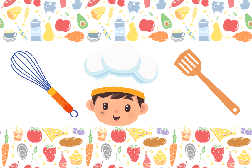 Child with a chef's hat surrounded by food, a whisk, and a spatula