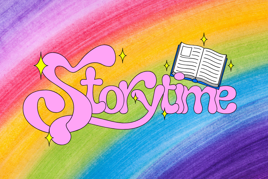 Storytime on a rainbow background